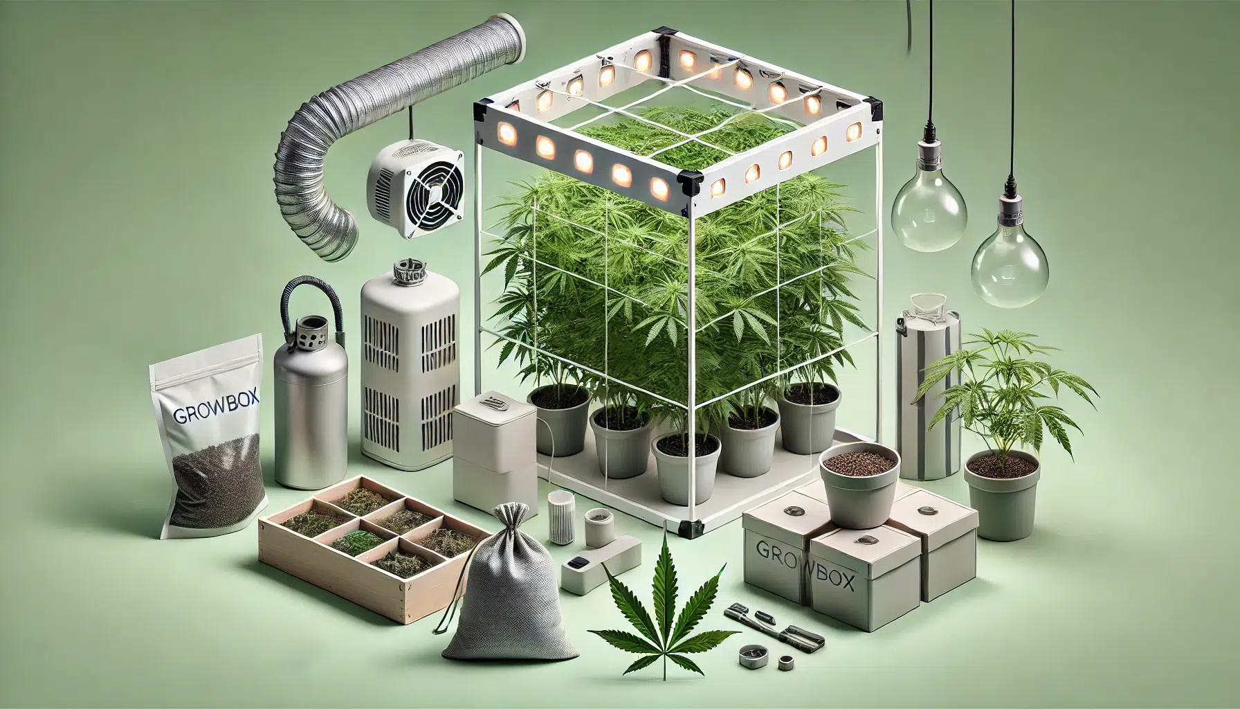 DALL&middot;E 2024-11-12 17.05.53 - A highly detailed, text-free image representing a complete growbox kit in a clean, minimalist style. The image includes a growbox setup with essential