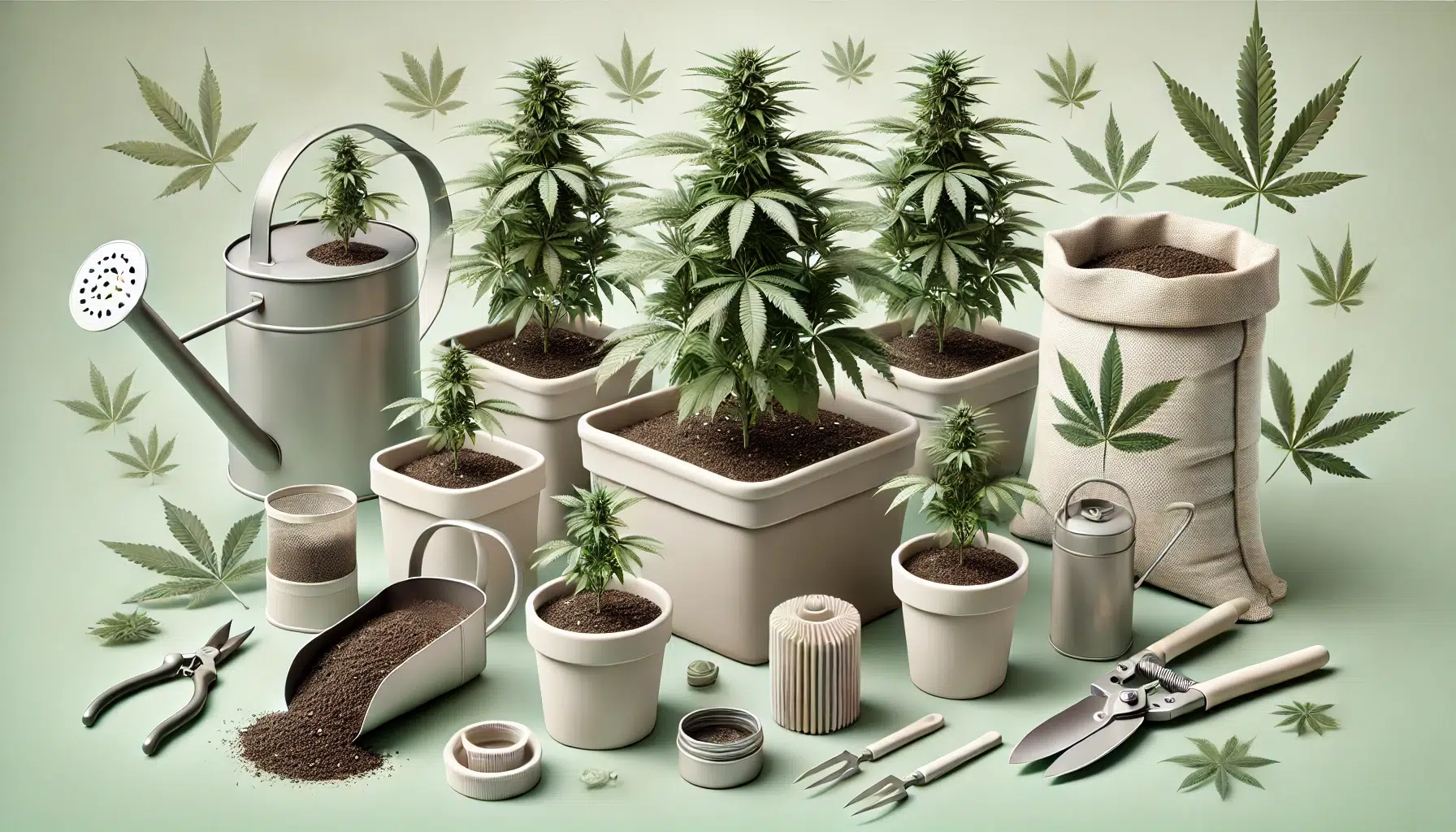 DALL&middot;E 2024-11-12 17.21.57 - A highly detailed, text-free image representing cannabis cultivation in a clean, minimalist style. The image features young cannabis plants in pots, s