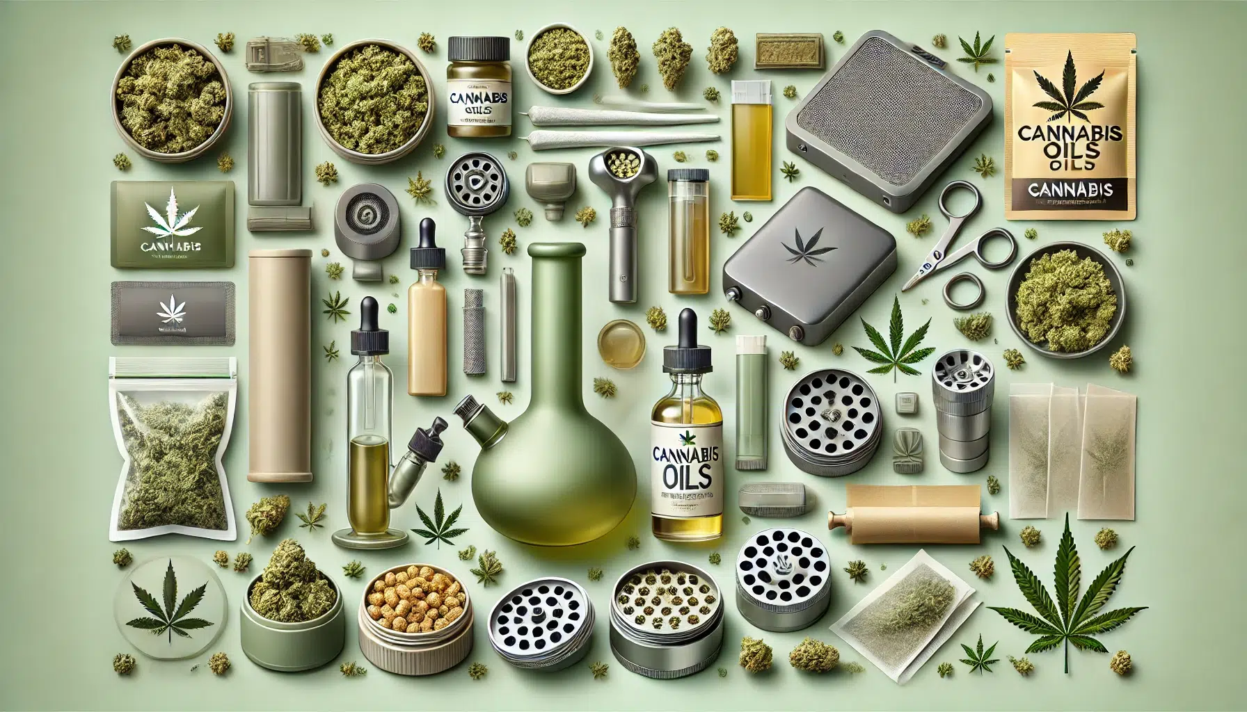 DALL&middot;E 2024-11-12 17.22.55 - A highly detailed, text-free image showcasing a variety of cannabis-related products in a clean, minimalist style. The image includes items like canna
