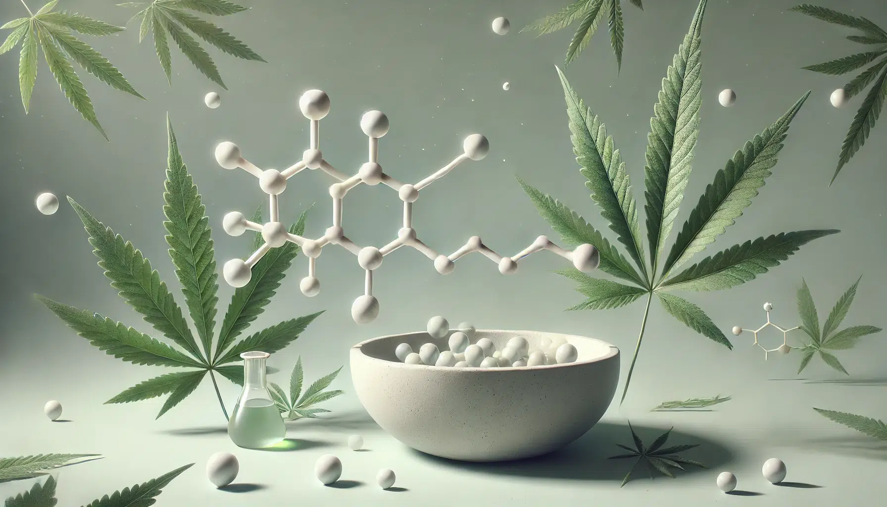 DALL&middot;E 2024-11-16 01.37.49 - Ein ruhiges und harmonisches Bild mit chemischen Molek&uuml;lstrukturen kombiniert mit Cannabisbl&auml;ttern. Der Hintergrund ist minimalistisch und in einem we