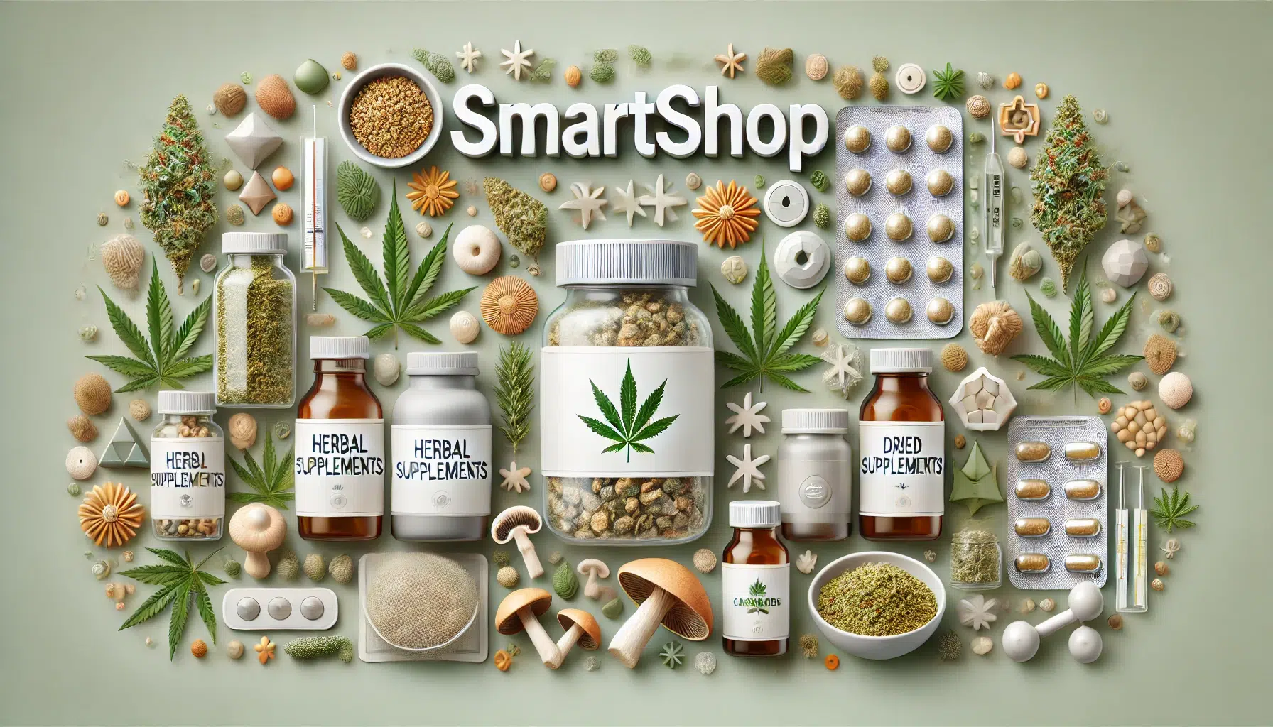 DALL·E 2024-11-12 17.00.50 - A highly detailed, text-free image representing a smartshop in a clean, minimalist style. The image features a variety of smartshop products, such as