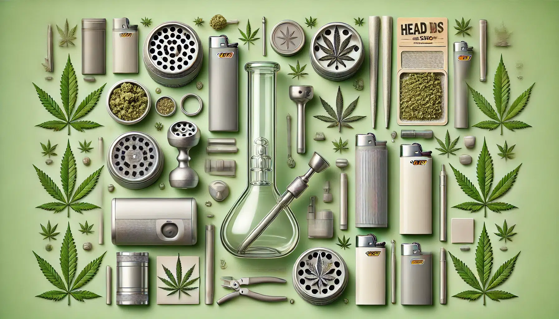 DALL·E 2024-11-12 17.04.51 - A highly detailed, text-free image representing a headshop in a clean, minimalist style. The image includes various headshop products such as bongs, g