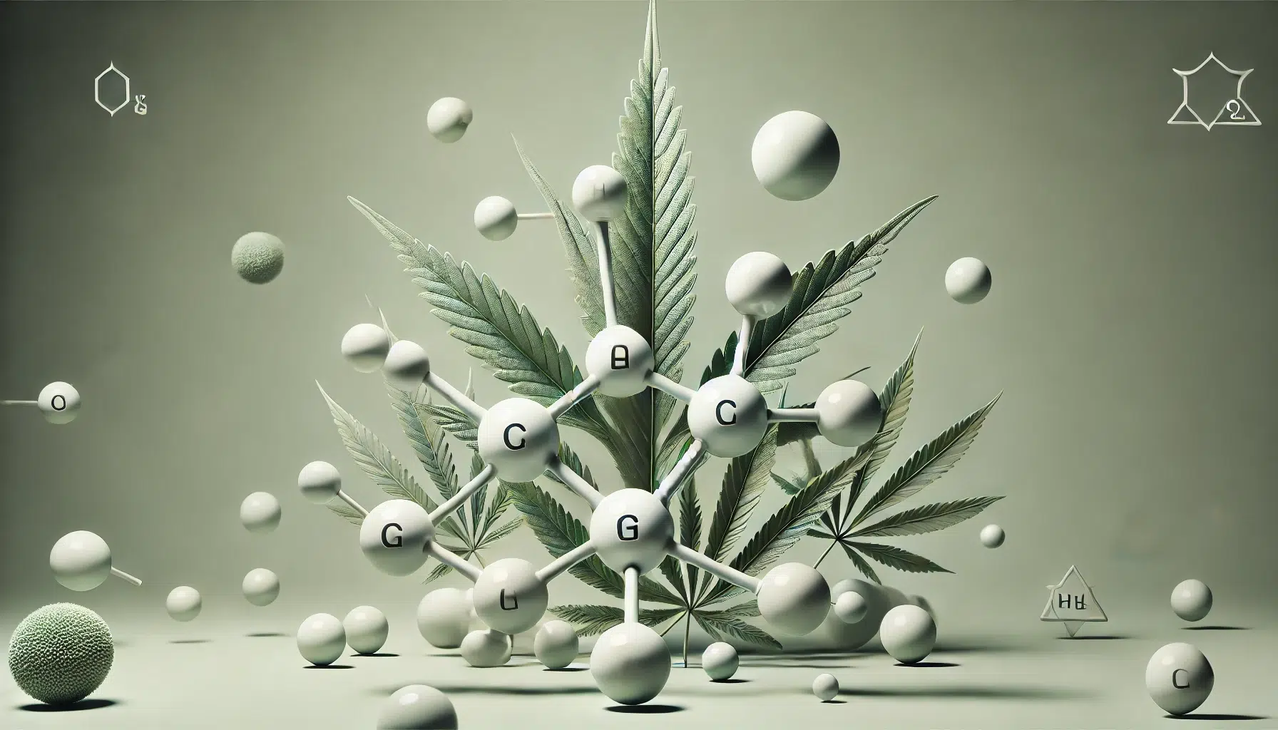 DALL·E 2024-11-16 01.36.15 - Ein ästhetisches Bild mit chemischen Molekülstrukturen, die harmonisch mit Cannabisblättern kombiniert sind. Der Hintergrund ist ruhig und minimalisti