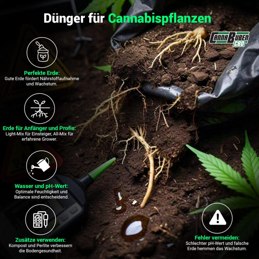Infografik über Dünger für Cannabispflanzen: Erde, pH-Wert und Zusätze.