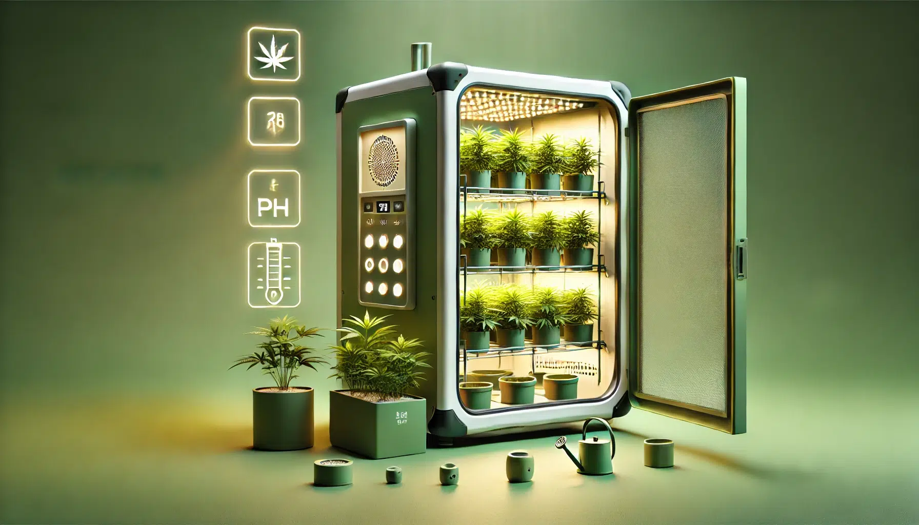 DALL&middot;E 2024-12-08 13.08.27 - A minimalist and modern artistic depiction of a growbox set for indoor gardening. The growbox is sleek and rectangular, with a partially open door rev