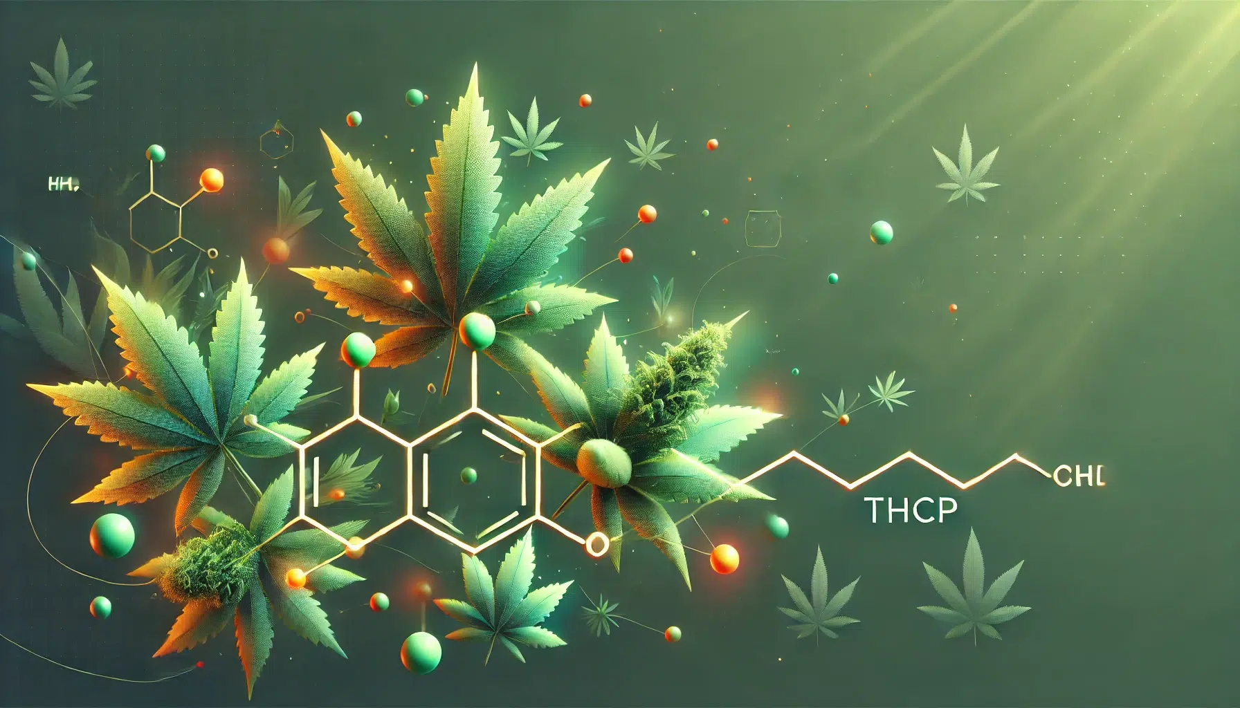 DALL&middot;E 2024-12-12 17.40.27 - A minimalist and modern artistic depiction of THCP. The focus is on stylized cannabis buds with vibrant green and orange tones, floating alongside che