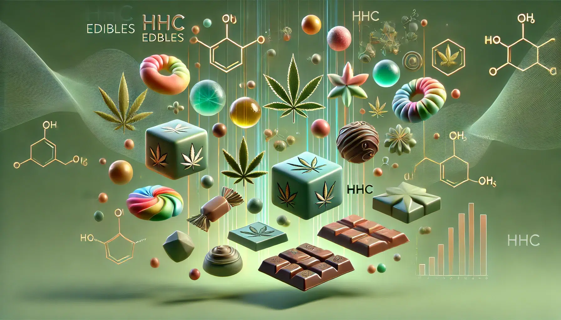 DALL·E 2024-12-12 18.14.48 - A minimalist and modern artistic depiction of HHC edibles. The focus is on a variety of colorful, stylized treats such as gummies, chocolates, and can